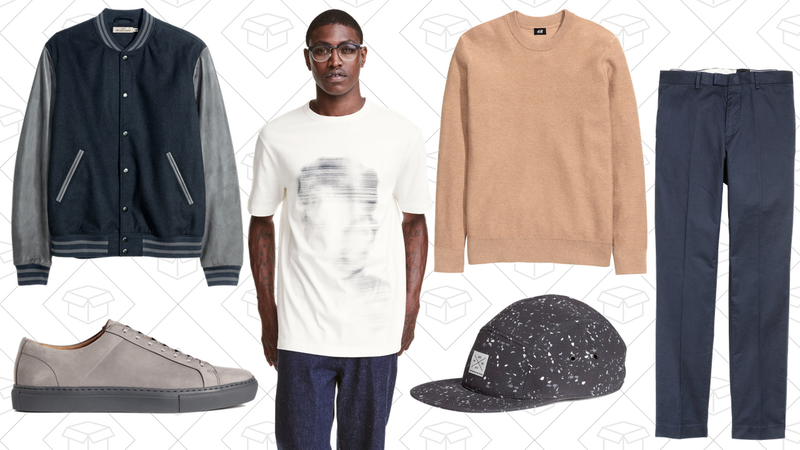 Leather-Sleeve Baseball Jacket, $80 | Leather Sneakers, $40 | Printed T-shirt, $10 | Textured-Knit Sweater, $20 | Patterned Cap, $7 | Premium Cotton Chinos, $25